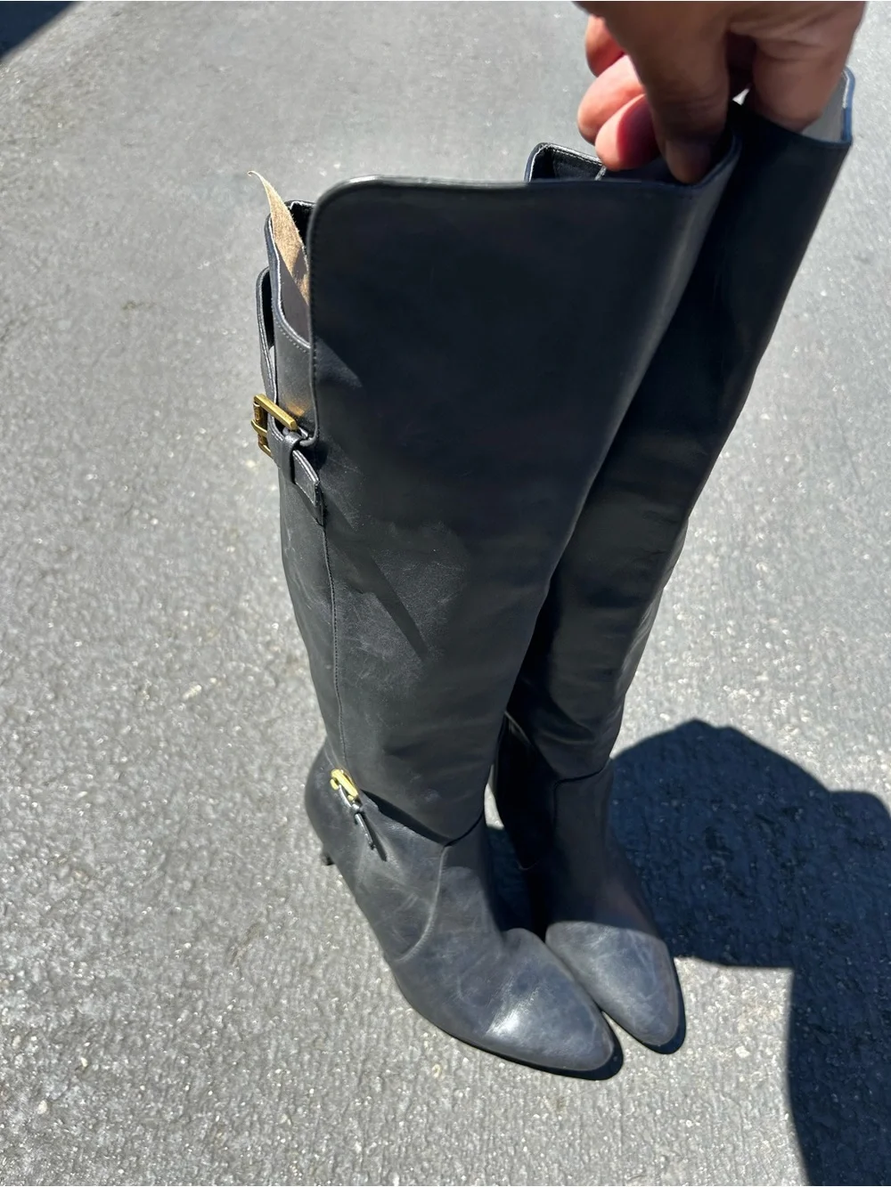 Lauren Ralph Lauren Black Leather Knee-High Boots with Gold Buckles Size 8B
